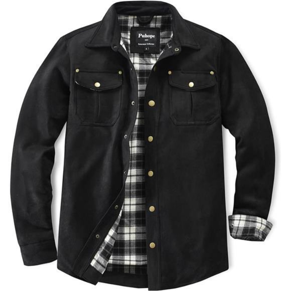 Men's Brushed Suede Flannel Lined Shirt Jacket Cotton Button Down Coat for Men - Picture 1 of 8